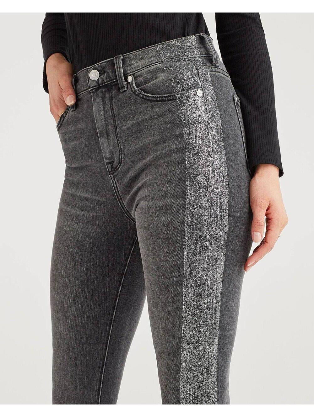 7 For All Mankind High Waist Ankle Skinny with Metallic Glitter Stripe Womens 26
